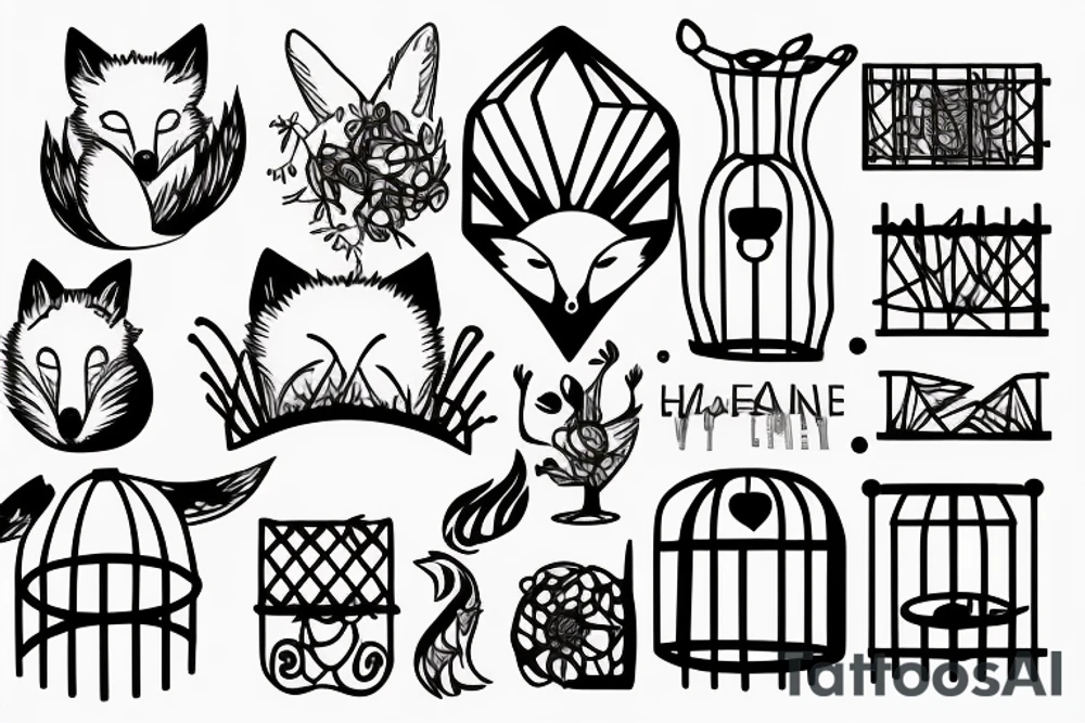 A small fox sits in a cage, poking its head through the bars, and looks into the distance tattoo idea