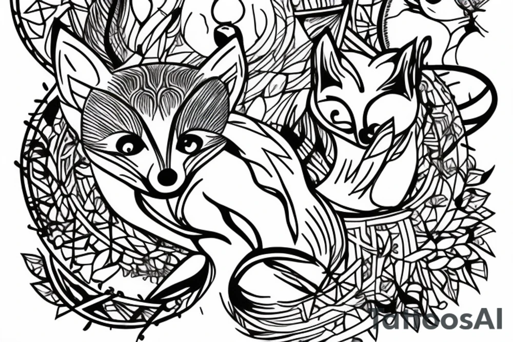 A small fox sits in a cage, poking its head through the bars, and looks into the distance tattoo idea