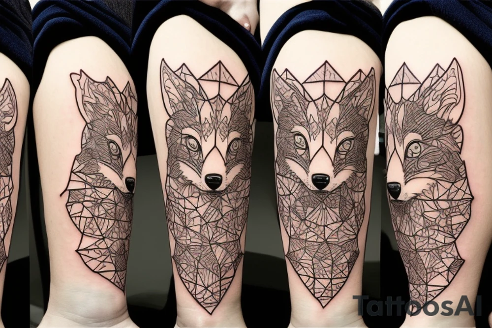 A small fox sits in a cage, poking its head through the bars, and looks into the distance tattoo idea