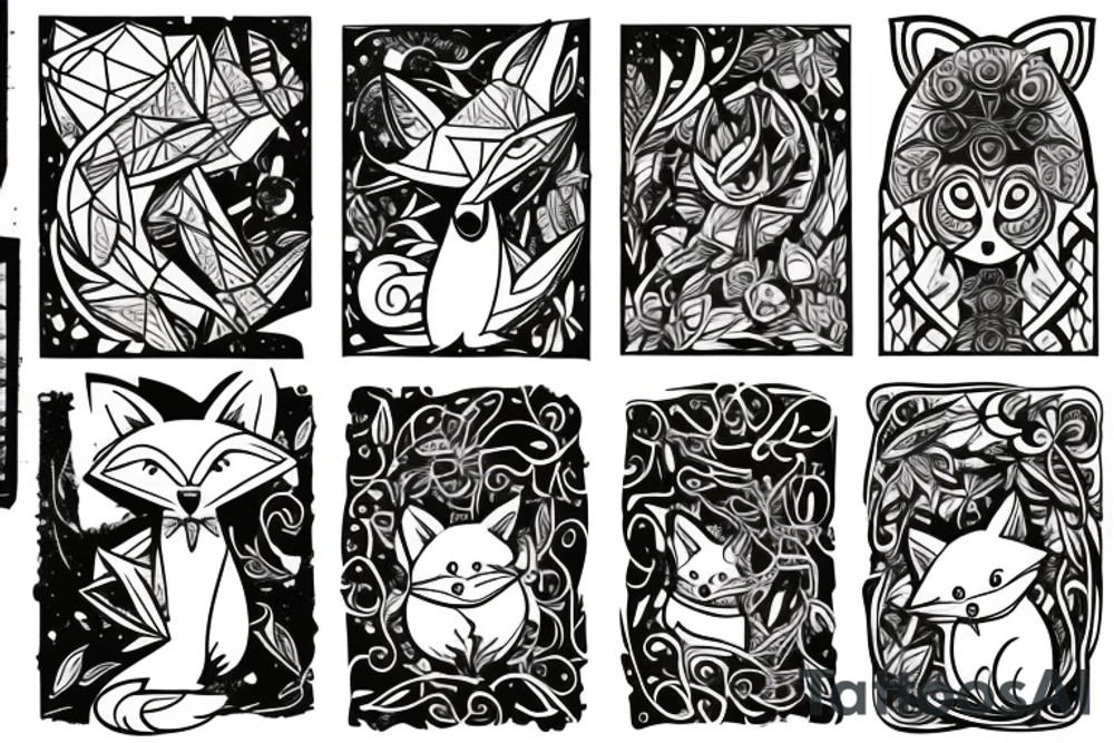 A small fox sits in a cage, poking its head through the bars, and looks into the distance tattoo idea