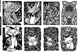 A small fox sits in a cage, poking its head through the bars, and looks into the distance tattoo idea