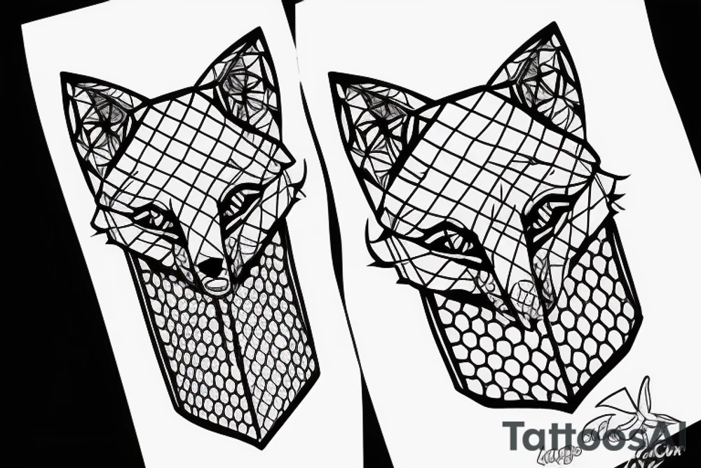 A small fox sits in a cage, poking its head through the bars, and looks into the distance tattoo idea