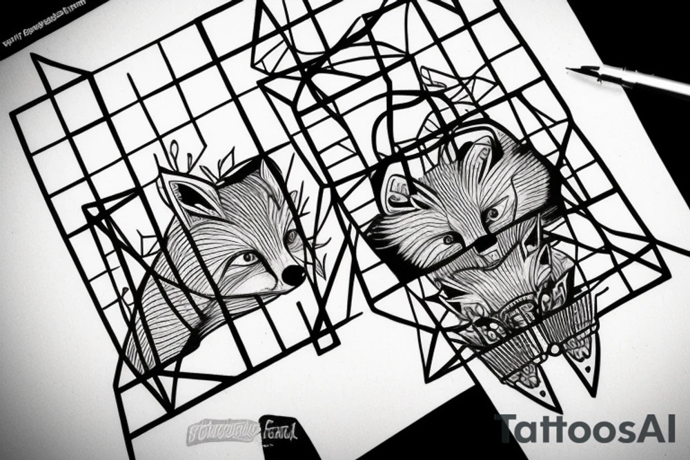A small fox sits in a cage, poking its head through the bars, and looks into the distance tattoo idea