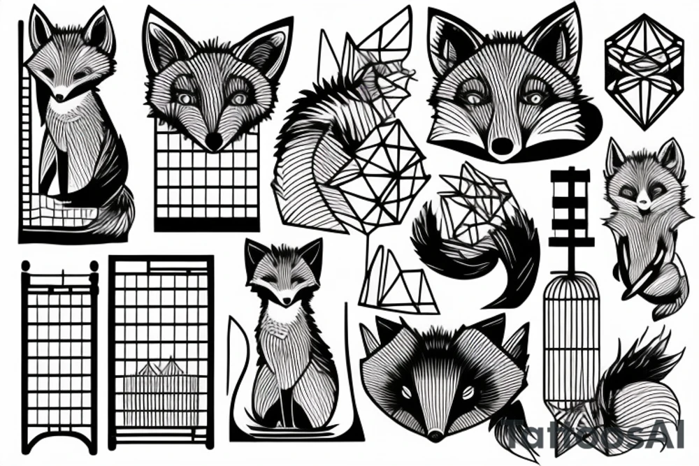 A small fox sits in a cage, poking its head through the bars, and looks into the distance tattoo idea