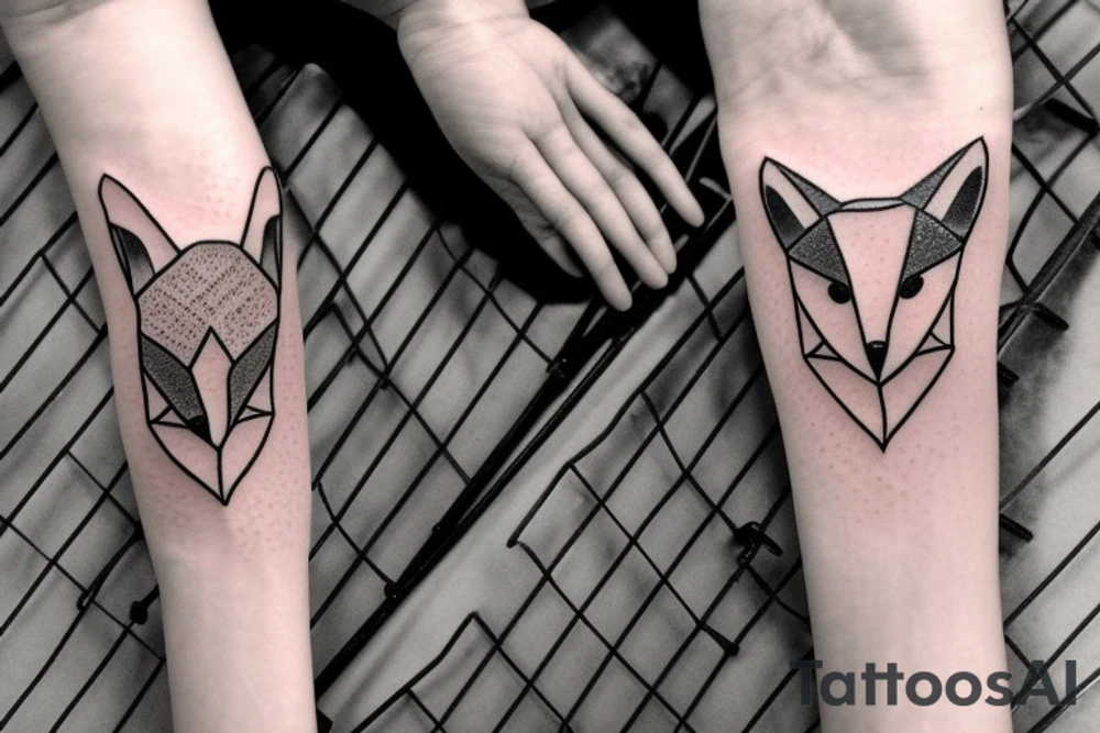 A small fox sits in a cage, poking its head through the bars, and looks into the distance tattoo idea