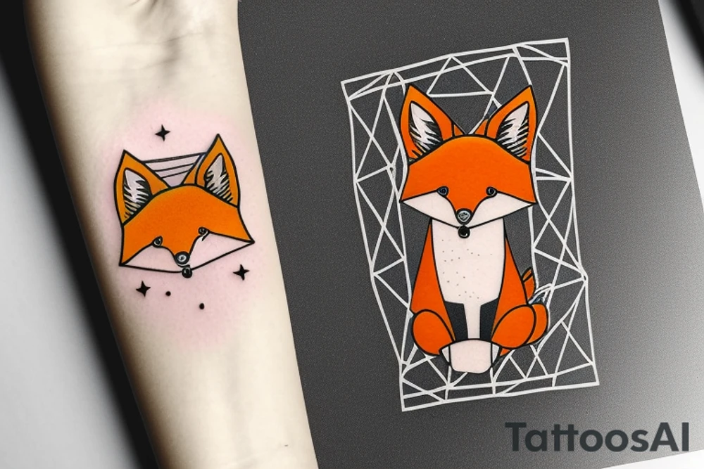 A small fox sits in a cage, poking its head through the bars, and looks into the distance tattoo idea