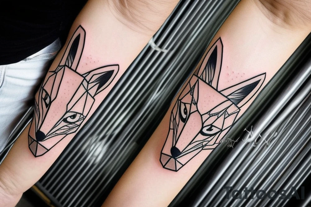 A small fox sits in a cage, poking its head through the bars, and looks into the distance tattoo idea