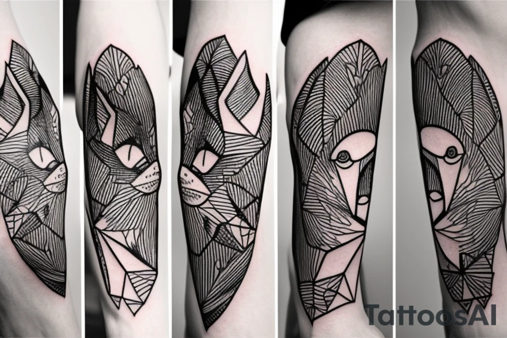 A small fox sits in a cage, poking its head through the bars, and looks into the distance tattoo idea