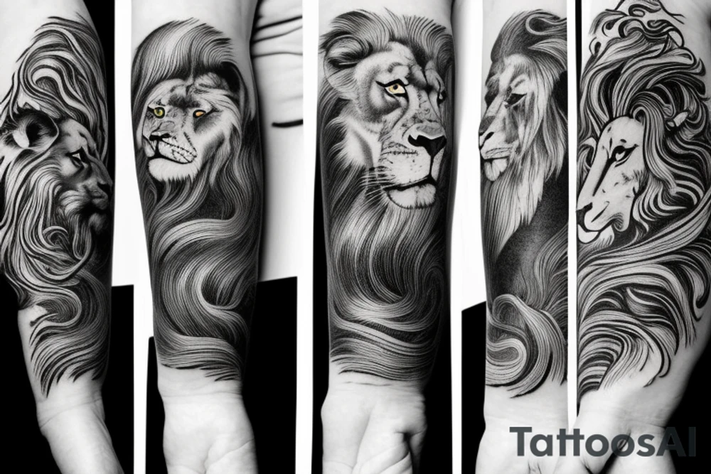 arm length that has a lion, horse, and monkey in a vertical style landscape with water and waves in background tattoo idea