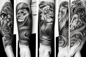 arm length that has a lion, horse, and monkey in a vertical style landscape with water and waves in background tattoo idea
