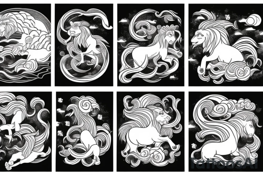 arm length that has a lion, horse, and monkey in a vertical style landscape with water and waves in background tattoo idea