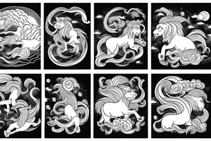 arm length that has a lion, horse, and monkey in a vertical style landscape with water and waves in background tattoo idea