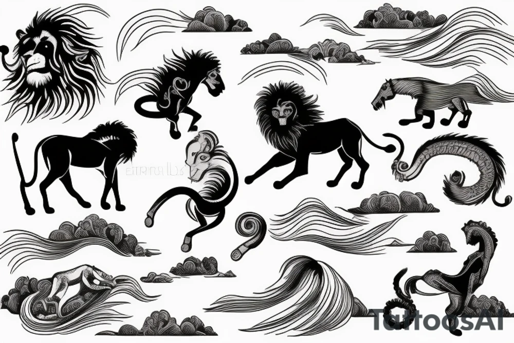 arm length that has a lion, horse, and monkey in a vertical style landscape with water and waves in background tattoo idea