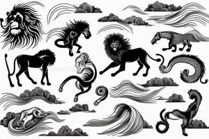 arm length that has a lion, horse, and monkey in a vertical style landscape with water and waves in background tattoo idea