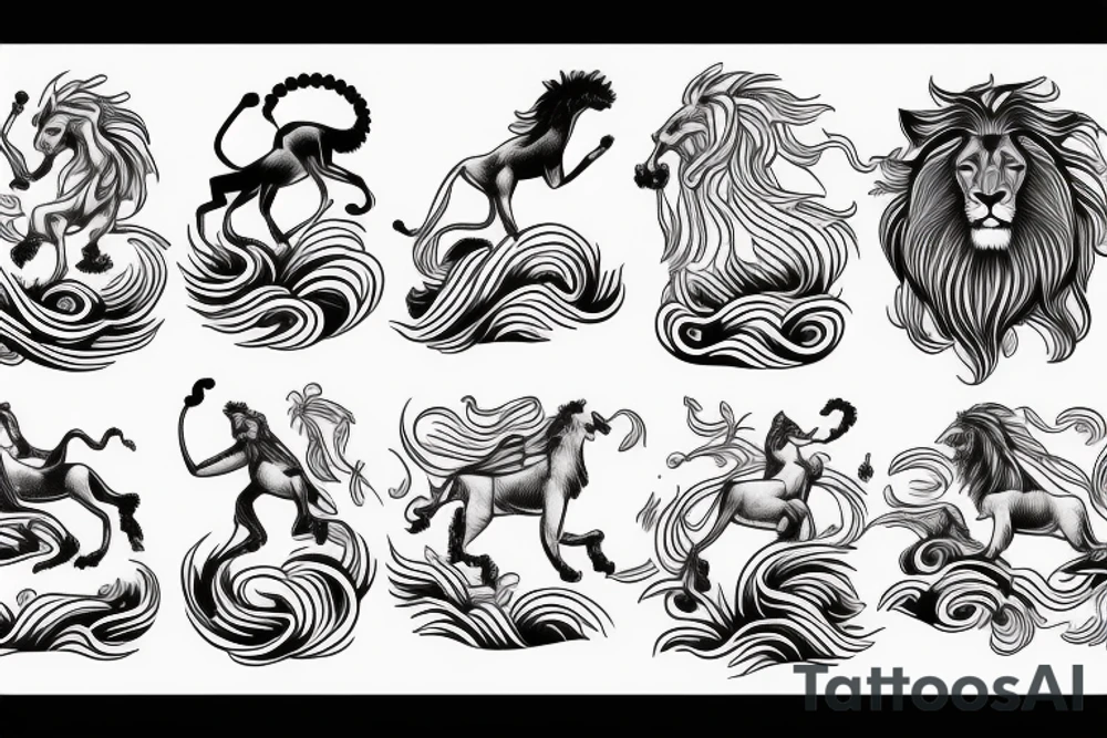 arm length that has a lion, horse, and monkey in a vertical style landscape with water and waves in background tattoo idea