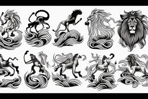 arm length that has a lion, horse, and monkey in a vertical style landscape with water and waves in background tattoo idea