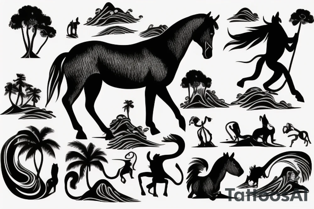 arm length that has a horse, and monkey in a vertical style landscape with water and waves in background tattoo idea