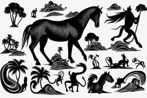 arm length that has a horse, and monkey in a vertical style landscape with water and waves in background tattoo idea