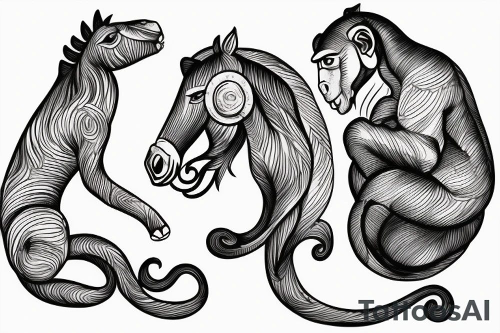 arm length that has a horse, and monkey in a vertical style landscape with water and waves in background tattoo idea