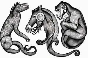 arm length that has a horse, and monkey in a vertical style landscape with water and waves in background tattoo idea
