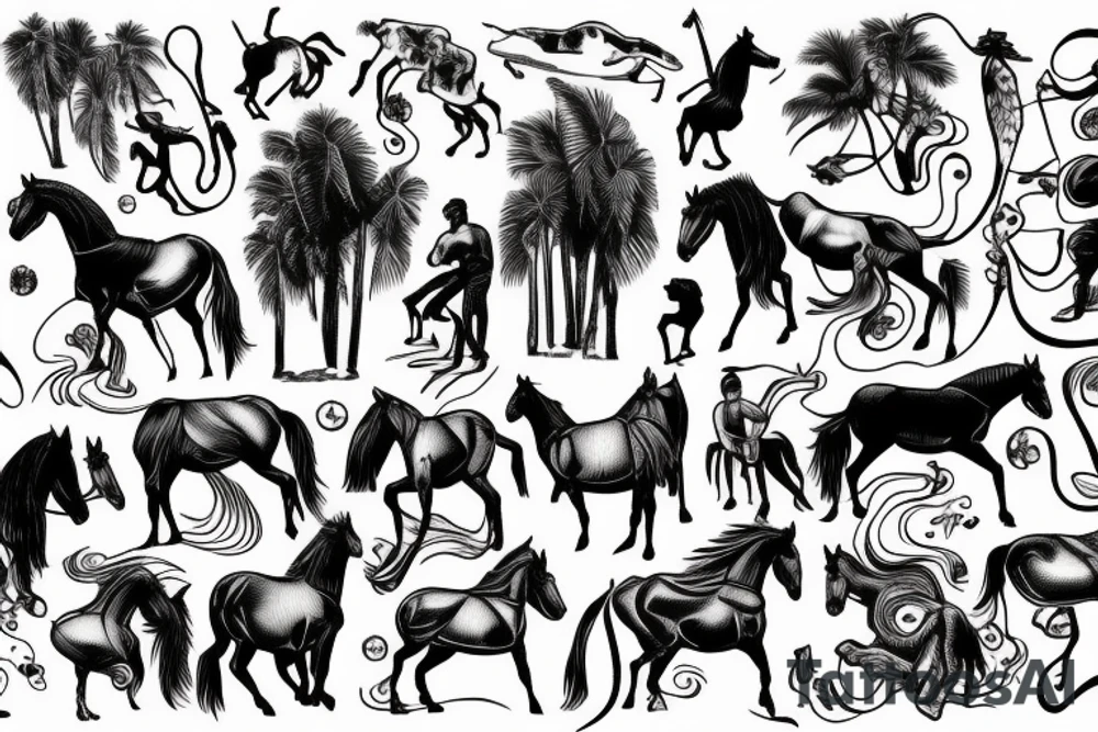 arm length that has a horse, and monkey in a vertical style landscape with water and waves in background tattoo idea