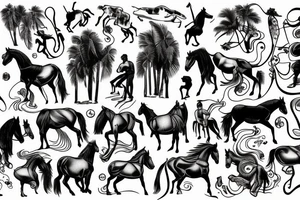 arm length that has a horse, and monkey in a vertical style landscape with water and waves in background tattoo idea