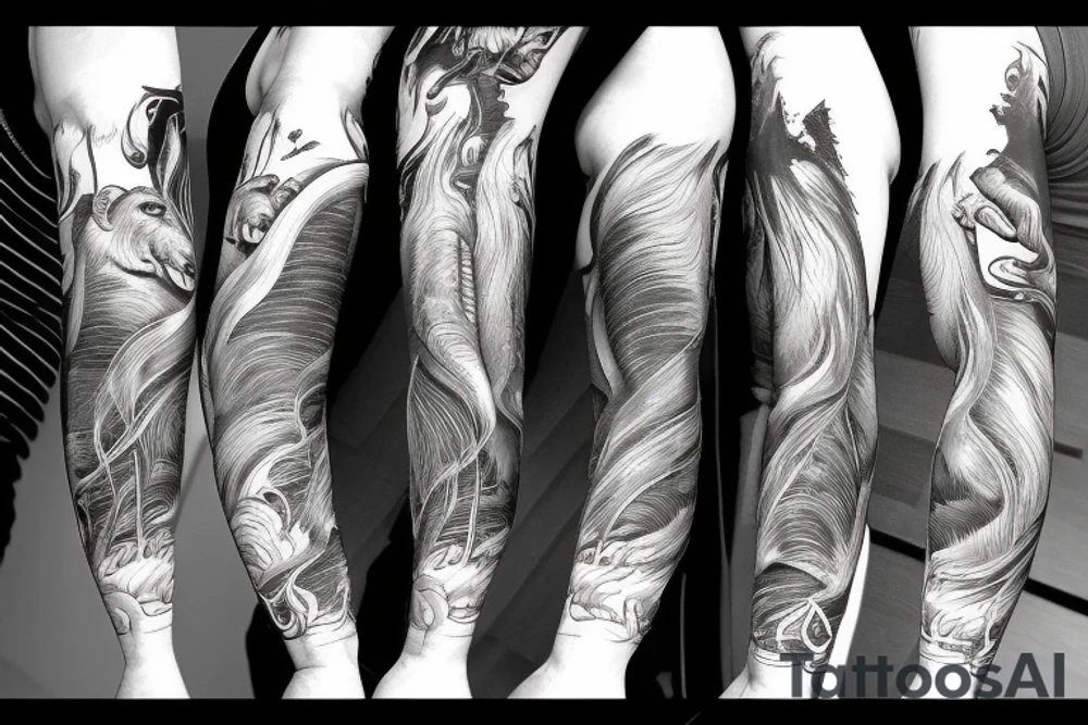 arm length that has a horse, and monkey in a vertical style landscape with water and waves in background tattoo idea