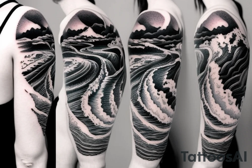 tidal water wave pattern with snow, ice, mountains, and a waterfall for a large arm length tattoo idea
