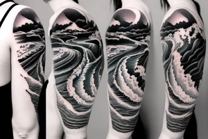 tidal water wave pattern with snow, ice, mountains, and a waterfall for a large arm length tattoo idea