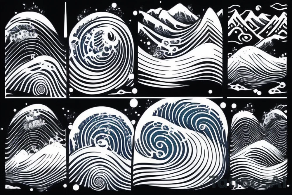 water wave pattern with snow, ice, mountains, and a waterfall for a large arm length tattoo idea