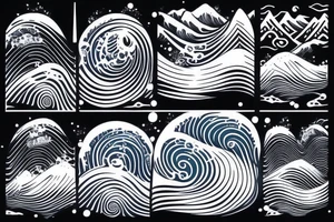 water wave pattern with snow, ice, mountains, and a waterfall for a large arm length tattoo idea