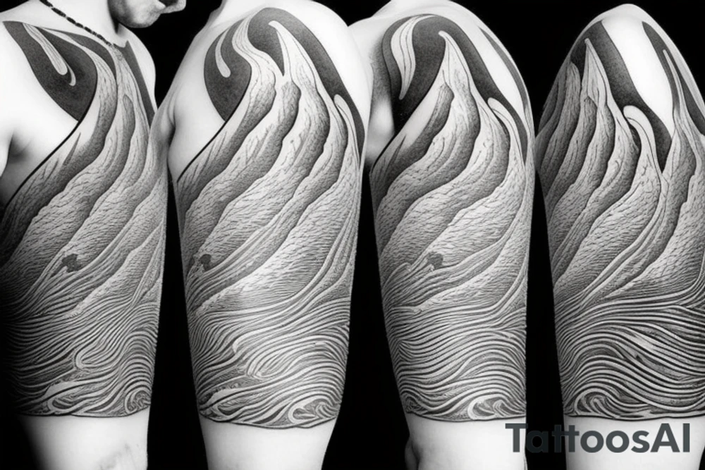 water wave pattern with snow, ice, mountains, and a waterfall for a large arm length tattoo idea
