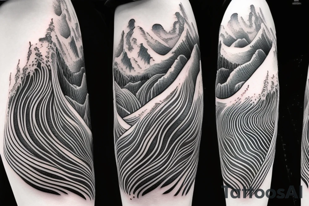 water wave pattern with snow, ice, mountains, and a waterfall for a large arm length tattoo idea