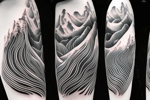 water wave pattern with snow, ice, mountains, and a waterfall for a large arm length tattoo idea