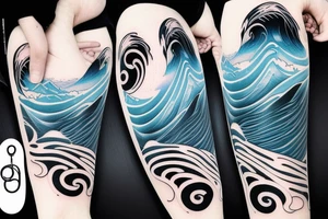 water wave pattern with snow, ice, mountains, and a waterfall for a large arm length tattoo idea