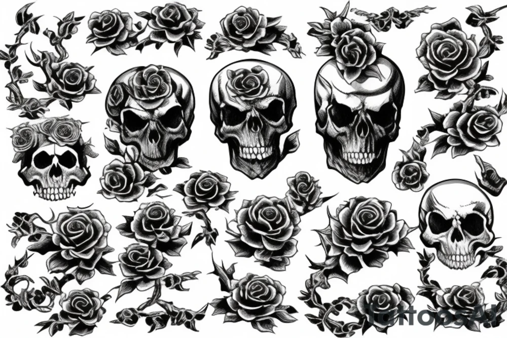 dragon and skull with roses and sakura tattoo idea