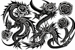 dragon and skull with roses and sakura tattoo idea