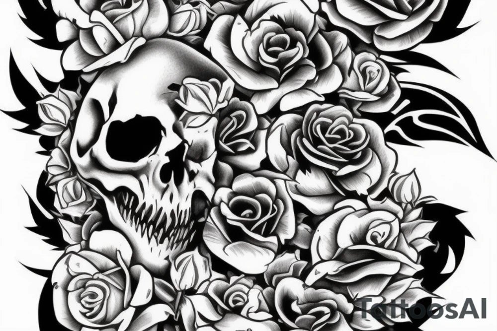 dragon and skull with roses and Cherry blossom tattoo idea