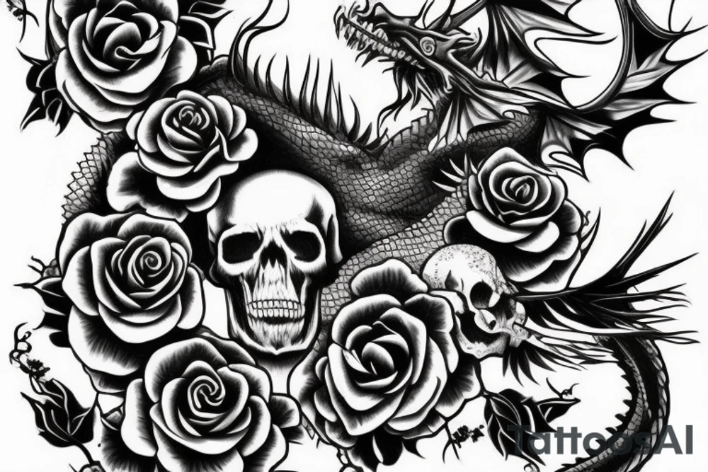 dragon and skull with roses and Cherry blossom tattoo idea