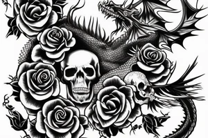 dragon and skull with roses and Cherry blossom tattoo idea
