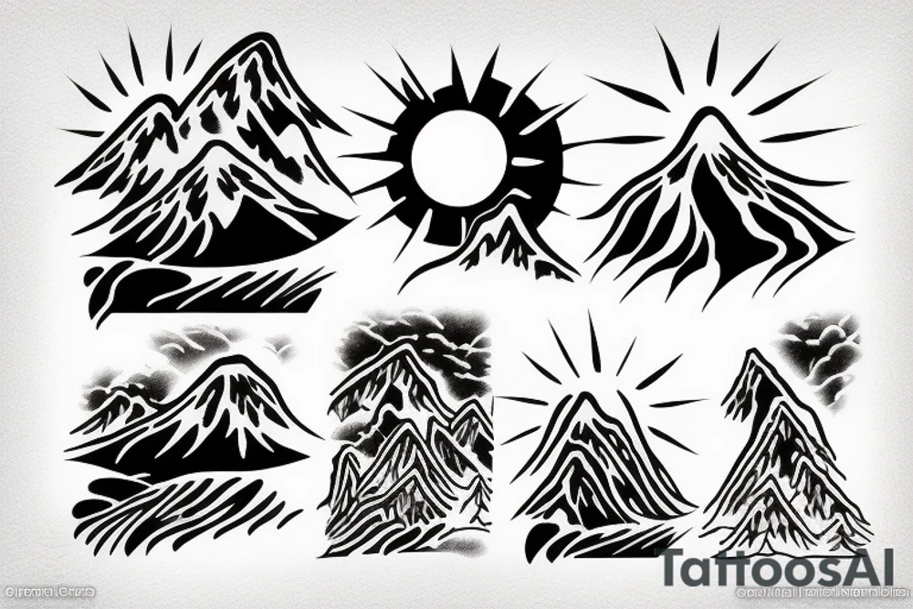 waterfall in mountains with sun tattoo idea