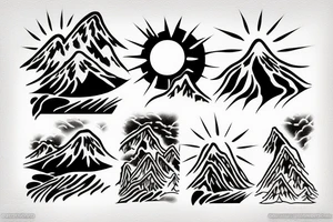 waterfall in mountains with sun tattoo idea