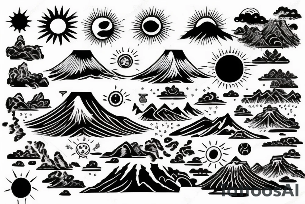 waterfall in mountains with sun tattoo idea