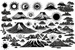 waterfall in mountains with sun tattoo idea