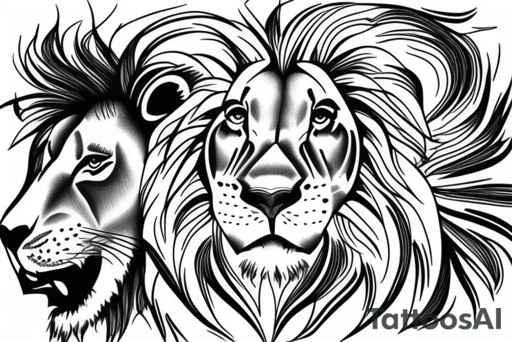 Half lion half lioness face with four lion cubs tattoo idea