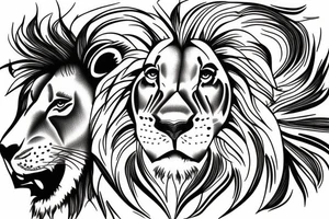 Half lion half lioness face with four lion cubs tattoo idea