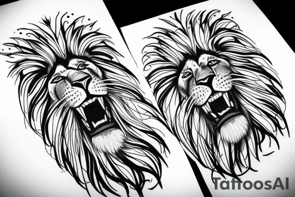 Half lion half lioness face with four lion cubs tattoo idea