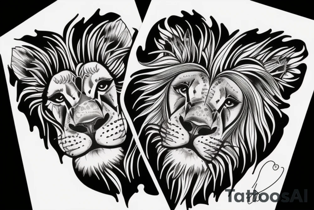 Half lion half lioness face with four lion cubs tattoo idea