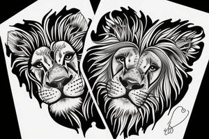 Half lion half lioness face with four lion cubs tattoo idea