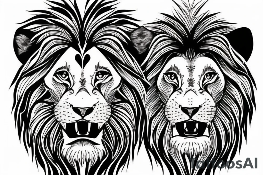 Half lion half lioness face with four lion cubs tattoo idea